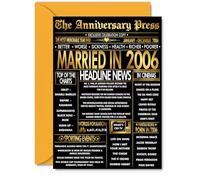 Gold 19th Anniversary Card for Men Women - Golden Newspaper Married in 2006 - Happy 19 Year Wedding Anniversary Card for Partner Wife Companion Husband, A5 Anniversaries Greeting Cards