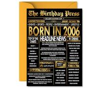 Gold 19th Birthday Card for Men Women - Black & Golden Newspaper Born in 2006 - Happy 19 Birthday Cards for Colleague Grandson Son Friend Granddaughter Uncle, 5x7 Inch Bday Greeting Cards