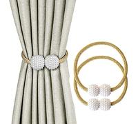 (Gold) 2 Pieces - Curtain Tiebacks Magnetic Clip Rings Small Bead Weave Rope for Home, Office, Hotel Window Decoration