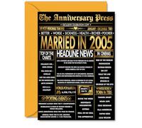 Gold 20th Anniversary Card for Men Women - Golden Newspaper Married in 2005 - Happy 20 Year Wedding Anniversary Card for Husband Partner Wife Companion, A5 Anniversaries Greeting Cards