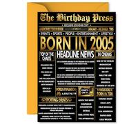 Gold 20th Birthday Card for Men Women - Black & Golden Newspaper Born in 2005 - Happy 20 Birthday Cards for Daughter Uncle Sister Grandson Niece Cousin, A5 Bday Greeting Cards