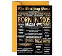 Gold 20th Birthday Card for Men Women - Black & Golden Newspaper Born in 2005 - Happy 20 Birthday Cards for Grandson Son Friend Granddaughter Uncle Cousin, 5x7 Inch Bday Greeting Cards