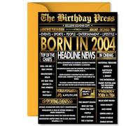 Gold 21st Birthday Card for Men Women - Black & Golden Newspaper Born in 2004 - Happy 21 Birthday Cards for Uncle Sister Grandson Niece Cousin Brother, A5 Bday Greeting Cards