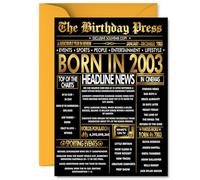 Gold 22nd Birthday Card for Men Women - Black & Golden Newspaper Born in 2003 - Happy 22 Birthday Cards for Friend Granddaughter Uncle Cousin Sister Niece, 5x7 Inch Bday Greeting Cards