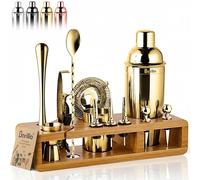 Gold 23-Piece Bartender Kit Cocktail Shaker Set by BARILLIO: Stainless Steel Bar Tools with Sl amboo Stand, Velvet Carry Bag & Recipes Booklet