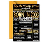 Gold 22nd Birthday Card for Men Women - Black & Golden Newspaper Born in 2003 - Happy 22 Birthday Cards for Sister Grandson Niece Cousin Brother Friend, A5 Bday Greeting Cards