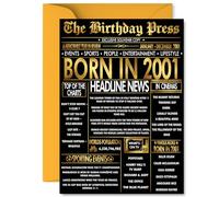 Gold 24th Birthday Card for Men Women - Black & Golden Newspaper Born in 2001 - Happy 24 Birthday Cards for Niece Cousin Brother Friend Nephew Auntie, A5 Bday Greeting Cards