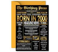 Gold 25th Birthday Card for Men Women - Black & Golden Newspaper Born in 2000 - Happy 25 Birthday Cards for Colleague Cousin Uncle Niece Auntie Husband, 5x7 Inch Bday Greeting Cards