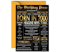 Gold 25th Birthday Card for Men Women - Black & Golden Newspaper Born in 2000 - Happy 25 Birthday Cards for Colleague Friend Cousin Sister Niece Son, A5 Bday Greeting Cards