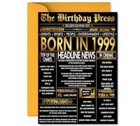 Gold 26th Birthday Card for Men Women - Black & Golden Newspaper Born in 1999 - Happy 26 Birthday Cards for Friend Cousin Sister Niece Son Auntie, A5 Bday Greeting Cards