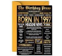 Gold 28th Birthday Card for Men Women - Black & Golden Newspaper Born in 1997 - Happy 28 Birthday Cards for Sister Niece Son Auntie Husband Uncle, A5 Bday Greeting Cards