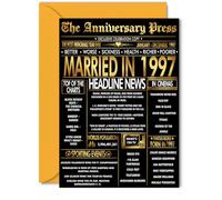 Gold 28th Anniversary Card for Women Men - Golden Newspaper Married in 1997 - Happy 28 Year Wedding Anniversary Card for Wife Companion Husband Partner, 5x7 Inch Anniversaries Greeting Cards