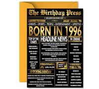 Gold 29th Birthday Card for Men Women - Black & Golden Newspaper Born in 1996 - Happy 29 Birthday Cards for Niece Son Auntie Husband Uncle Neighbour, A5 Bday Greeting Cards