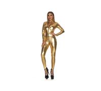 (Gold, 2XL) XL5色 表演Women Shiny High Stretch Catsuit Full Body Jumpsuit with Front Zipper Stand Collar