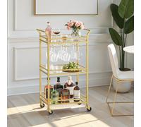 (Gold) 3-Tier Drinks Trolley, Gold Bar Cart on Wheels, with Handles, Mirrored Glass Shelves, Serving Trolley for Small Spaces