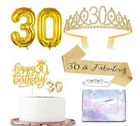 Gold 30th Birthday Decorations - Boys & Men's Sash, Women's Tiara, Cake & Candle Toppers, Foil Balloons, Party Favors