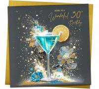 Gold 30th Happy Birthday Card | Turquoise Cocktail Design | With Metallic Gold Envelope