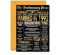 Gold 34th Anniversary Card for Men Women - Golden Newspaper Married in 1992-34 Year Wedding Anniversary Card for Companion Husband Partner Wife, A5 Anniversaries Greeting Cards