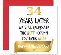 Gold 34th Anniversary Card for Women and Men, Celebrate Best Decision