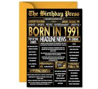 Gold 34th Birthday Card for Men Women - Black & Golden Newspaper Born in 1991 - Happy 34 Birthday Cards for Brother Wife Son Nephew Daughter Colleague, 5x7 Inch Bday Greeting Cards