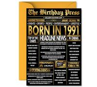 Gold 34th Birthday Card for Men Women - Black & Golden Newspaper Born in 1991 - Happy 34 Birthday Cards for Neighbour Brother Daughter Wife Nephew Colleague, A5 Bday Greeting Cards