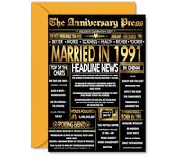 Gold 34th Anniversary Card for Men Women - Golden Newspaper Married in 1991 - Happy 34 Year Wedding Anniversary Card for Wife Companion Husband Partner, A5 Anniversaries Greeting Cards