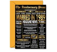 Gold 36th Anniversary Card for Men Women - Golden Newspaper Married in 1989 - Happy 36 Year Wedding Anniversary Card for Husband Partner Wife Companion, A5 Anniversaries Greeting Cards