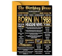 Gold 37th Birthday Card for Men Women - Black & Golden Newspaper Born in 1988 - Happy 37 Birthday Cards for Sister Cousin Son Brother Husband Auntie, A5 Bday Greeting Cards