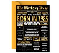 Gold 40th Birthday Card for Men Women - Black & Golden Newspaper Born in 1985 - Happy 40 Birthday Cards for Friend Uncle Auntie Nephew Sister Son, 5x7 Inch Bday Greeting Cards
