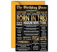 Gold 42nd Birthday Card for Men Women - Black & Golden Newspaper Born in 1983 - Happy 42 Birthday Cards for Auntie Wife Nephew Dad Niece Neighbour, A5 Bday Greeting Cards
