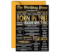 Gold 44th Birthday Card for Men Women - Black & Golden Newspaper Born in 1981 - Happy 44 Birthday Cards for Nephew Dad Niece Neighbour Colleague Friend, A5 Bday Greeting Cards