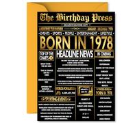 Gold 47th Birthday Card for Men Women - Black & Golden Newspaper Born in 1978 - Happy 47 Birthday Cards for Neighbour Colleague Friend Daughter Uncle Sister, A5 Bday Greeting Cards