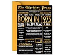 Gold 50th Birthday Card for Men Women - Black & Golden Newspaper Born in 1975 - Happy 50 Birthday Cards for Cousin Son Dad Wife Nanny Grandad, A5 Bday Greeting Cards