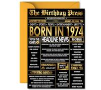 Gold 51st Birthday Card for Men Women - Black & Golden Newspaper Born in 1974 - Happy 51 Birthday Cards for Son Dad Wife Nanny Grandad Husband, A5 Bday Greeting Cards