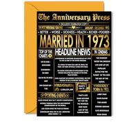 Gold 52nd Anniversary Card for Women Men - Golden Newspaper Married in 1973 - Happy 52 Year Wedding Anniversary Card for Wife Companion Husband Partner, 5x7 Inch Anniversaries Greeting Cards