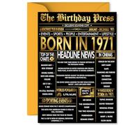 Gold 54th Birthday Card for Men Women - Black & Golden Newspaper Born in 1971 - Happy 54 Birthday Cards for Nanny Grandad Husband Brother Nan Colleague, A5 Bday Greeting Cards