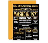 Gold 54th Anniversary Card for Women Men - Golden Newspaper Married in 1971 - Happy 54 Year Wedding Anniversary Card for Husband Partner Wife Companion, 5x7 Inch Anniversaries Greeting Cards