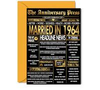 Gold 61st Anniversary Card for Women Men - Golden Newspaper Married in 1964 - Happy 61 Year Wedding Anniversary Card for Partner Wife Companion Husband, 5x7 Inch Anniversaries Greeting Cards