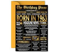 Gold 62nd Birthday Card for Men Women - Black & Golden Newspaper Born in 1963 - Happy 62 Birthday Cards for Uncle Cousin Dad Husband Nan Grandad, A5 Bday Greeting Cards