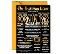 Gold 63rd Birthday Card for Men Women - Black & Golden Newspaper Born in 1962 - Happy 63 Birthday Cards for Uncle Grandad Neighbour Friend Nanny Brother, 5x7 Inch Bday Greeting Cards