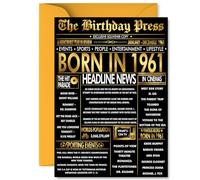 Gold 64th Birthday Card for Men Women - Black & Golden Newspaper Born in 1961 - Happy 64 Birthday Cards for Dad Husband Nan Grandad Brother Sister, A5 Bday Greeting Cards