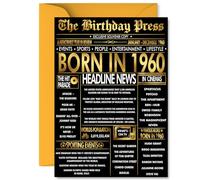 Gold 65th Birthday Card for Men Women - Black & Golden Newspaper Born in 1960 - Happy 65 Birthday Cards for Husband Nan Grandad Brother Sister Auntie, A5 Bday Greeting Cards