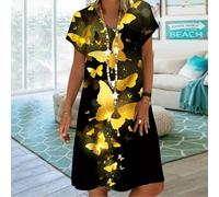 (gold, 6XL) Summer Fashion V-neck Dress Ladies Short Sleeve Butterfly Moon Printed Dress Loose Casual Dress For Women