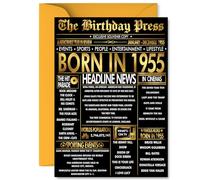 Gold 70th Birthday Card for Men Women - Black & Golden Newspaper Born in 1955 - Happy 70 Birthday Cards for Cousin Uncle Nanny Husband Wife Grandad, A5 Bday Greeting Cards