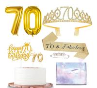 Gold 70th Birthday Decorations for Boys Men Women Her,Birthday Sash and Tiara Gold 70th Rhinestone Crown,Cake Topper Candle Topper 70th Foil Balloons Gifts for for Him Her Happy 70th Party Favor