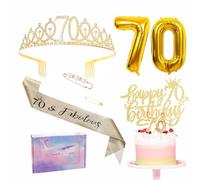 Gold 70th Birthday Decorations - Women's Sash Tiara Set, Party Pack Sash Crown, Number 70 Foil Balloons, Cake Topper Candle, Gifts for Her