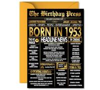 Gold 72nd Birthday Card for Men Women - Black & Golden Newspaper Born in 1953 - Happy 72 Birthday Cards for Grandad Uncle Sister Cousin Auntie Dad, 5x7 Inch Bday Greeting Cards
