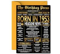 Gold 72nd Birthday Card for Men Women - Black & Golden Newspaper Born in 1953 - Happy 72 Birthday Cards for Nanny Husband Wife Grandad Dad Brother, A5 Bday Greeting Cards