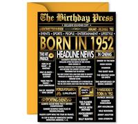 Gold 73rd Birthday Card for Men Women - Black & Golden Newspaper Born in 1952 - Happy 73 Birthday Cards for Husband Wife Grandad Dad Brother Sister, A5 Bday Greeting Cards