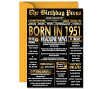 Gold 74th Birthday Card for Men Women - Black & Golden Newspaper Born in 1951 - Happy 74 Birthday Cards for Wife Grandad Dad Brother Sister Grandma, A5 Bday Greeting Cards